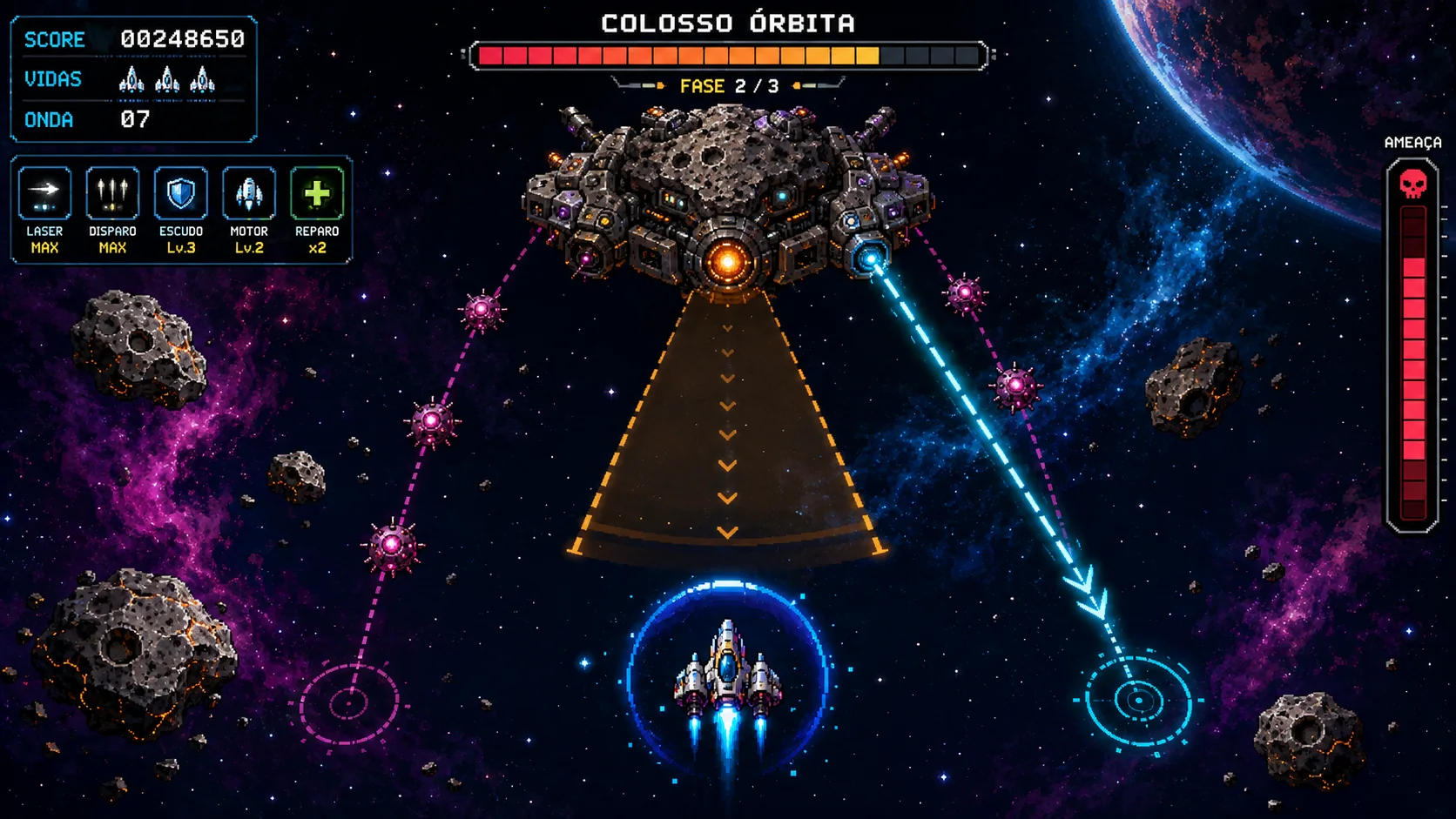 Batalha top-down em pixel art detalhada contra um grande chefe espacial, com nebulosa, planeta, barra de energia e ataques antecipados