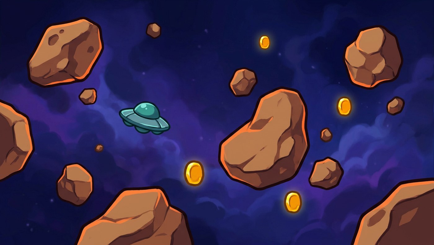 Arte pintada de 16 bits vista de cima: asteroides marrom-alaranjados de contorno grosso, moedas douradas e um disco voador azul-esverdeado numa nebulosa violeta