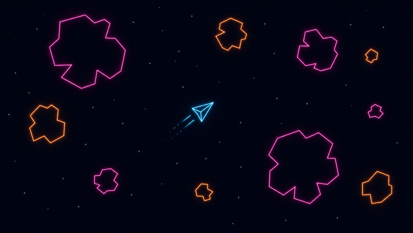 Arte vetorial neon: nave triangular vista de cima desviando de asteroides poligonais em um campo estrelado