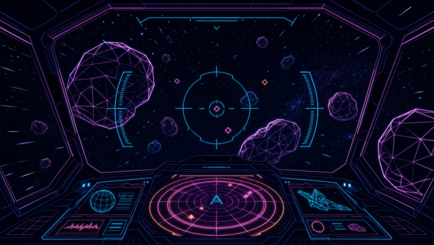 Arte vetorial neon: vista de dentro de um cockpit futurista com HUD holográfico, retículo e radar, meteoros à frente